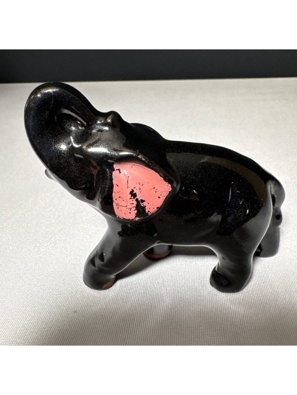 Vintage Elephant Black Ceramic Figurine Red Clay Cold Painted Pink Ears